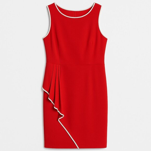 🔥 Glamour Red Sheath Dress w/ White Trim Size 12 — Asymmetrical Ruffle MSRP $89 - Picture 3 of 8